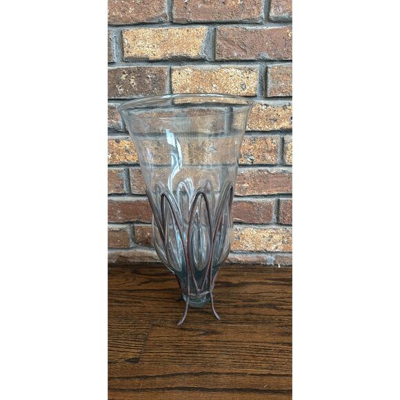 Murano Clear Bulging Glass Vase Blown Metal Cage Indoor Floral Vase Vessel RARE